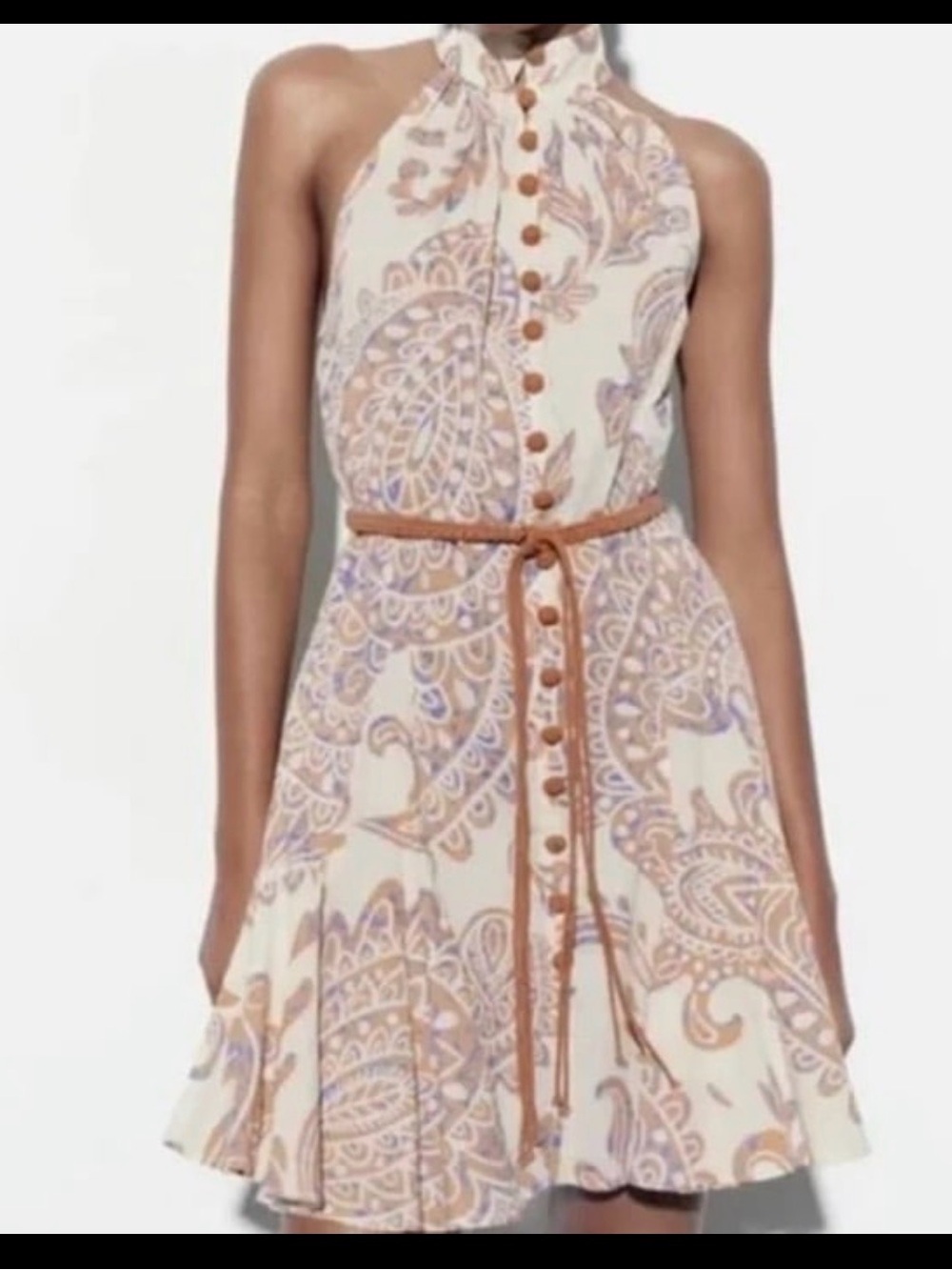 Zara Cream Halter Dress with Tan and Soft Blue Paisley